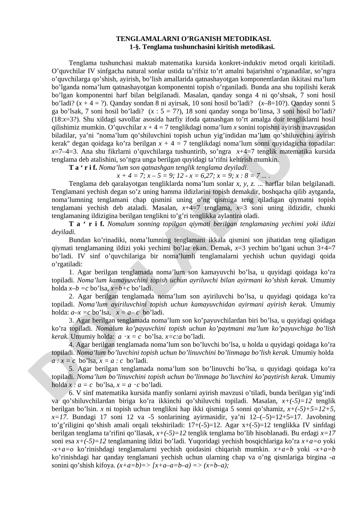 Tenglamalarni o'rganish metodikasi