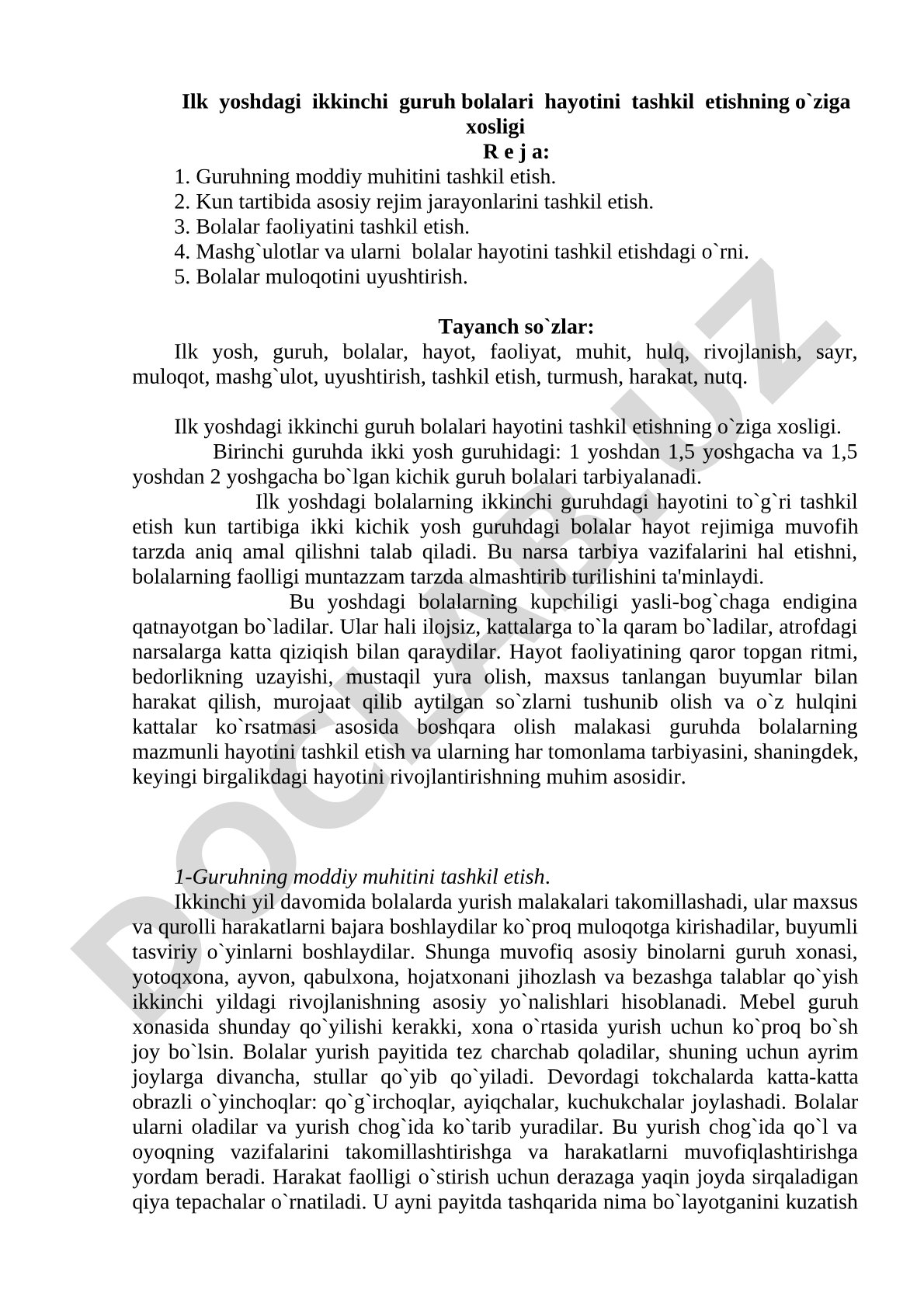 Ilk yoshdagi ikkinchi guruh bolalari hayotini tashkil etishning o'ziga xosligi