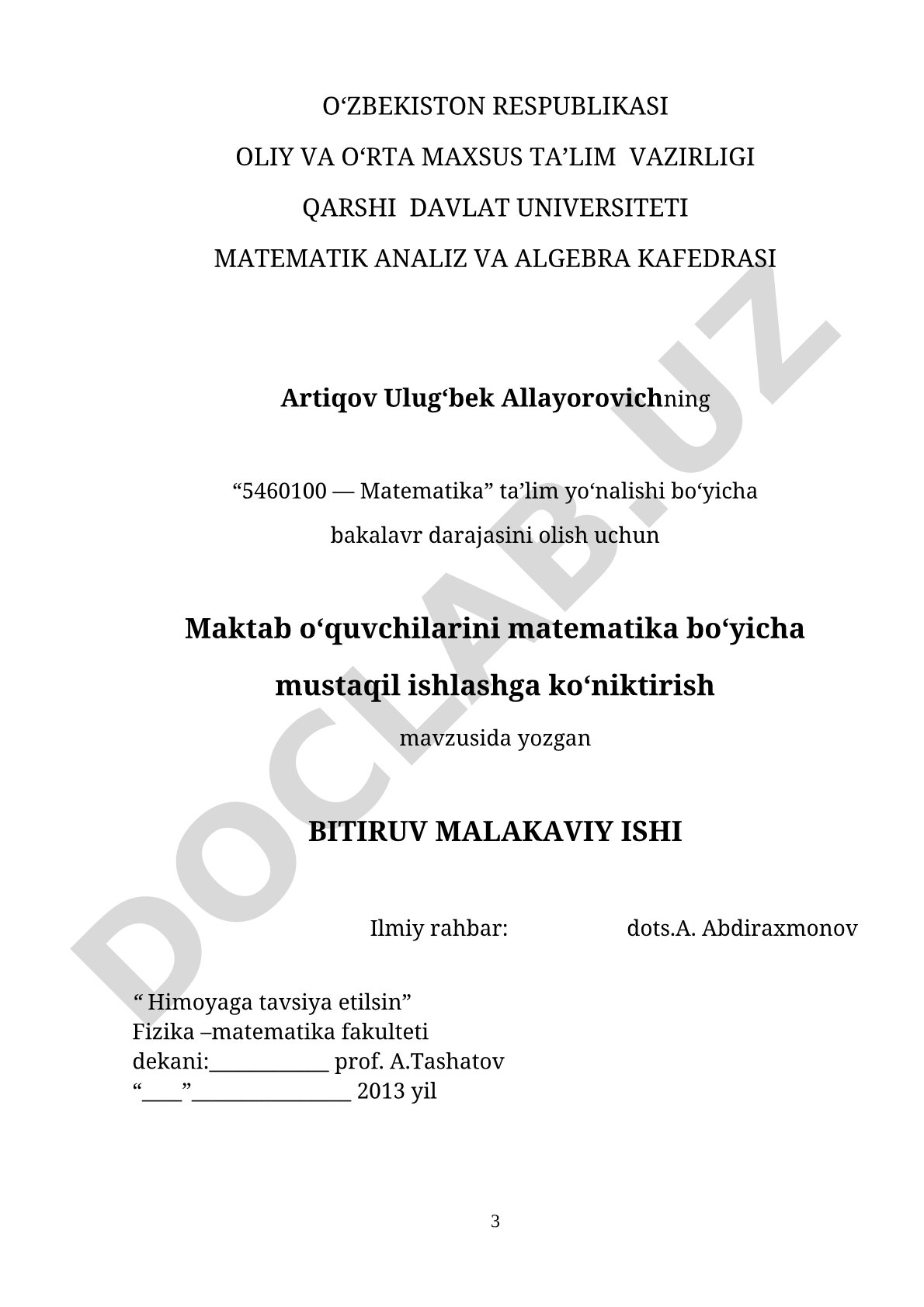 Maktab o‘quvchilarini matematika bo‘yicha mustaqil ishlashga ko‘niktirish