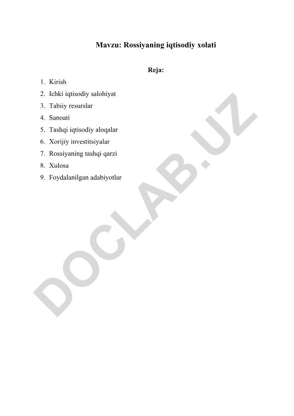 Rossiyaning iqtisodiy xolati