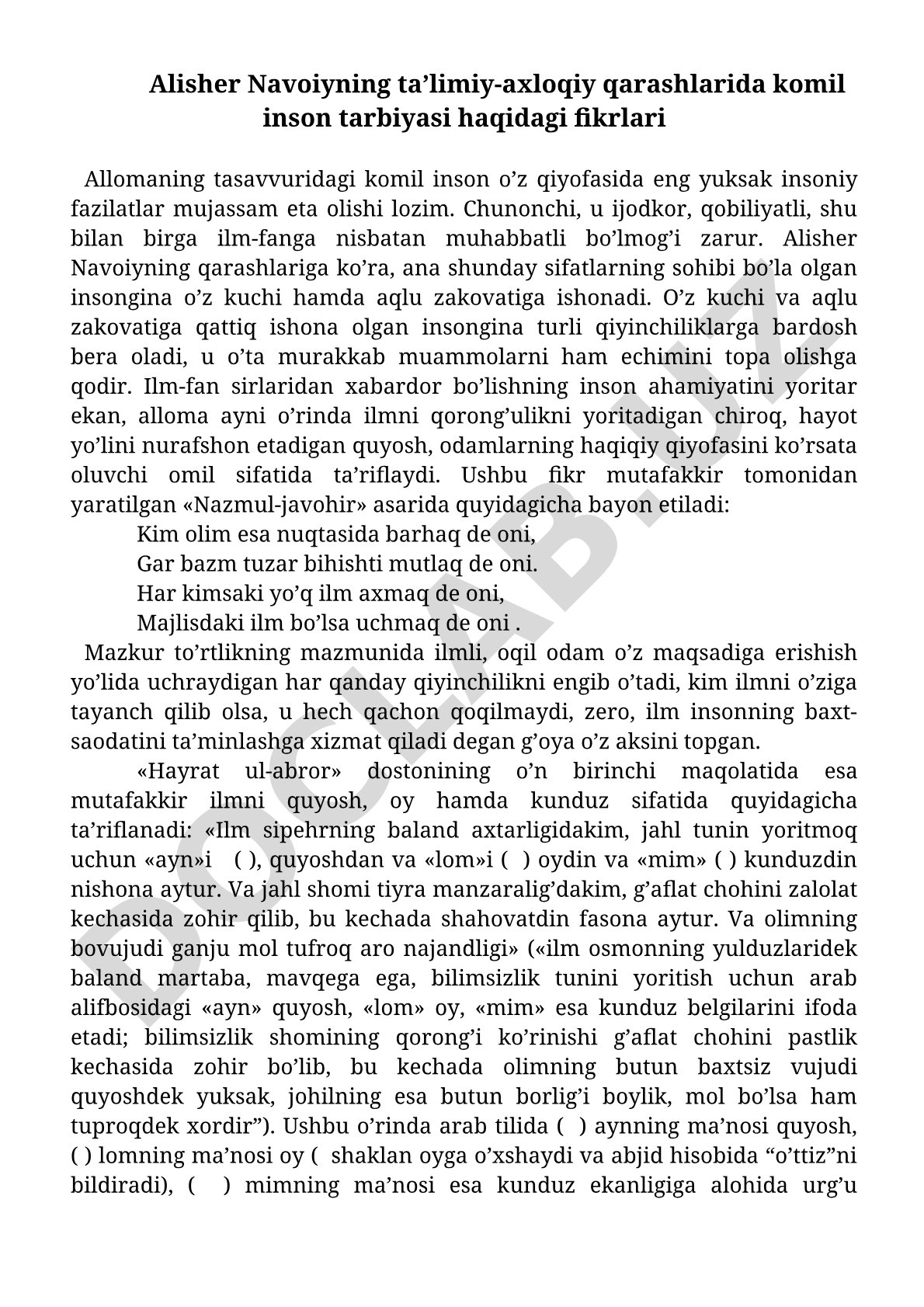 Alisher Navoiyning ta'limiy-axloqiy qarashlarida komil inson tarbiyasi