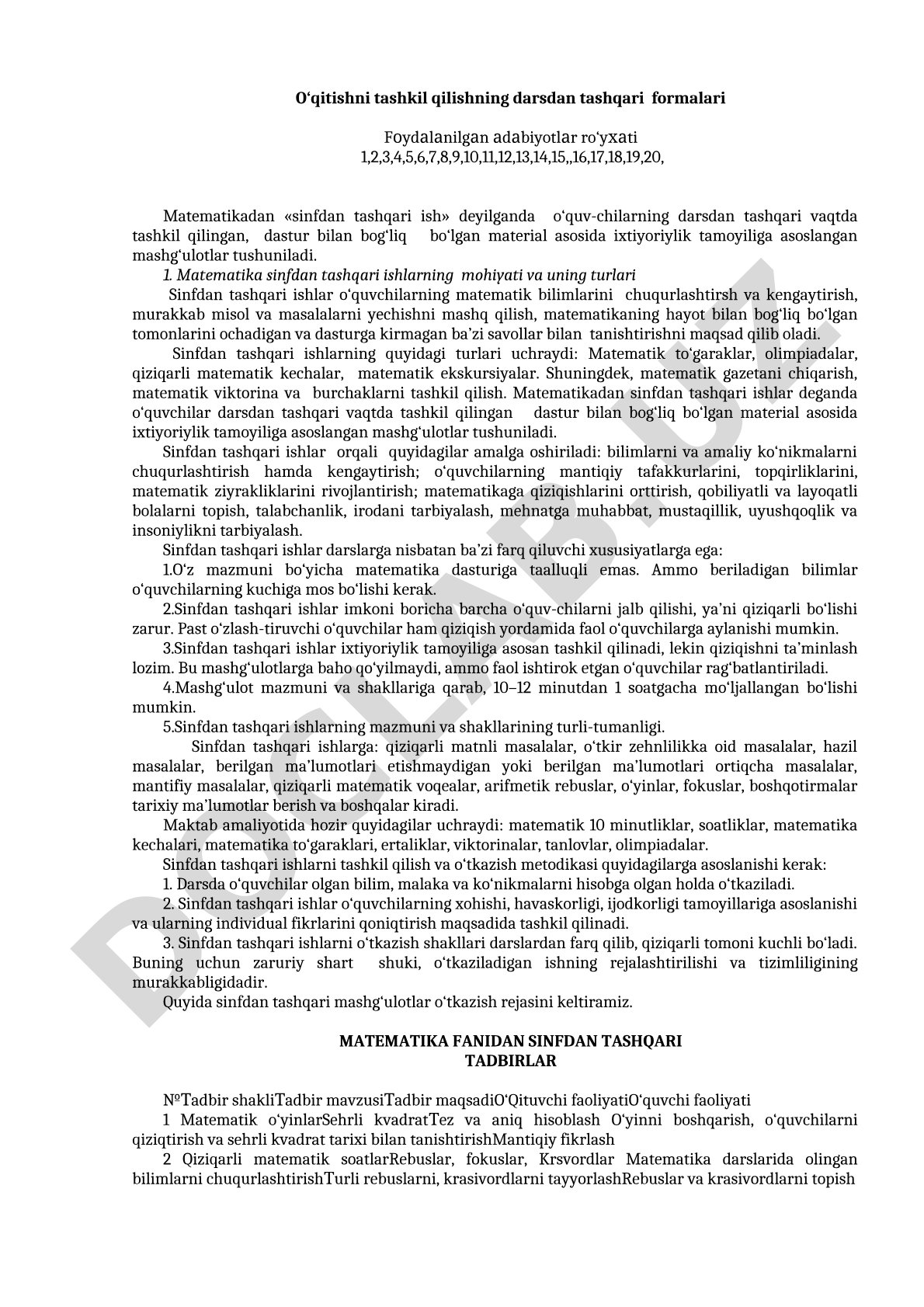 O'qitishni tashkil qilishning darsdan tashqari formalari