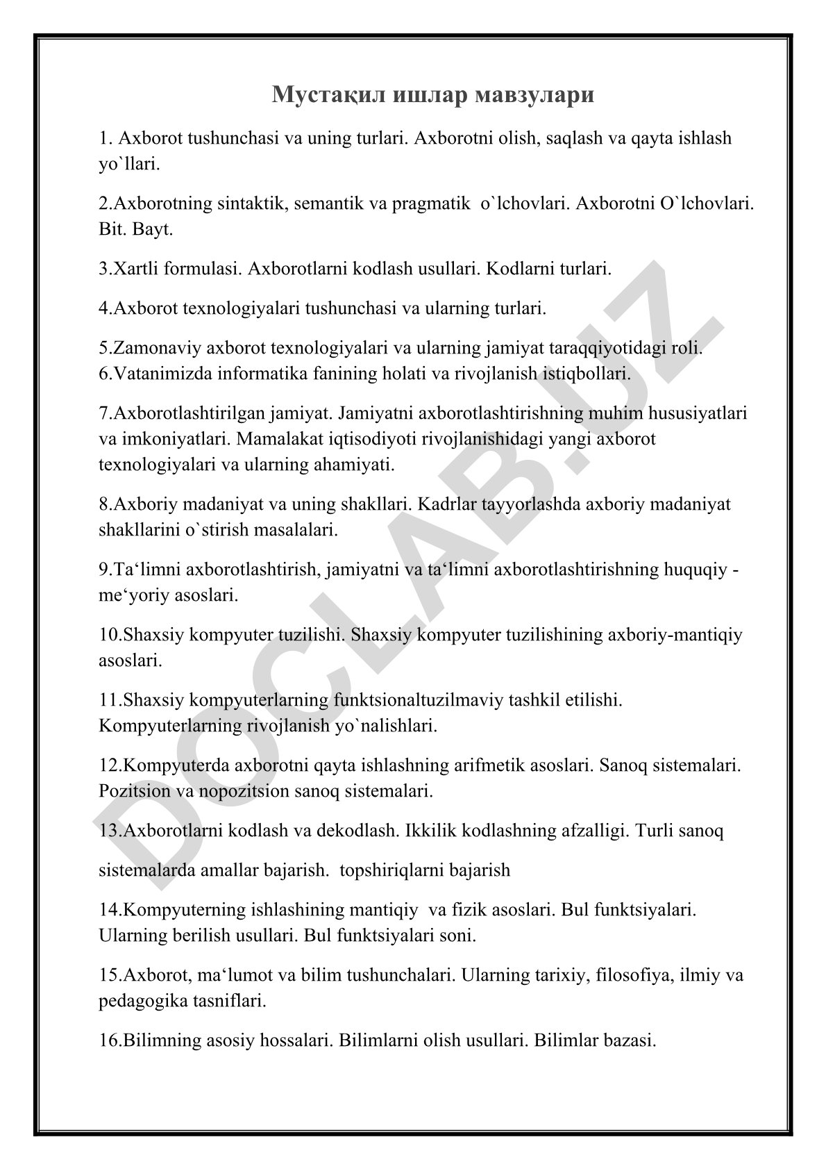 Axborot tushunchasi, texnologiyalari va kompyuter tuzilishi