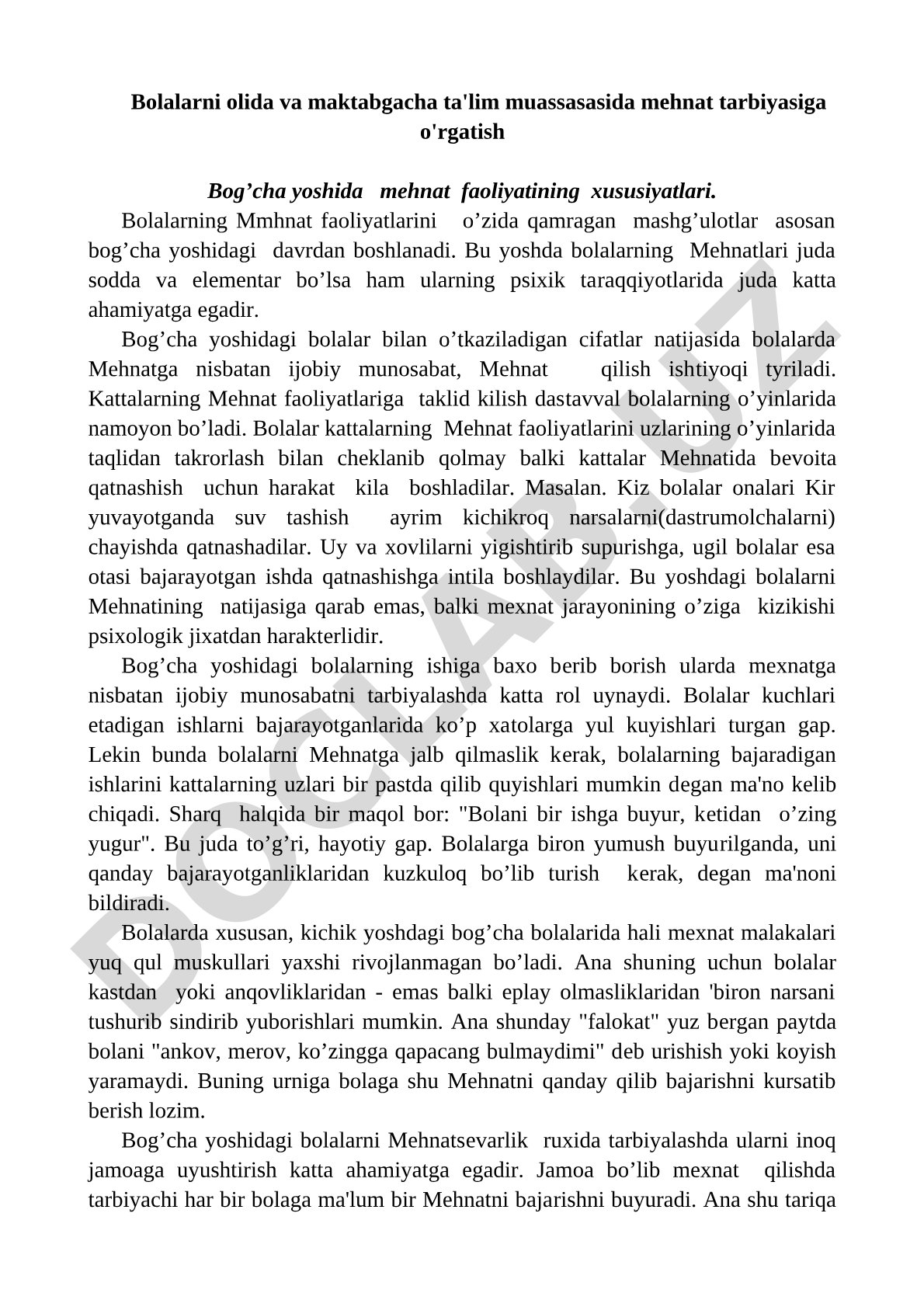 Bolalarni bog'cha va maktabgacha ta'lim muassasasida mehnat tarbiyasiga o'rgatish
