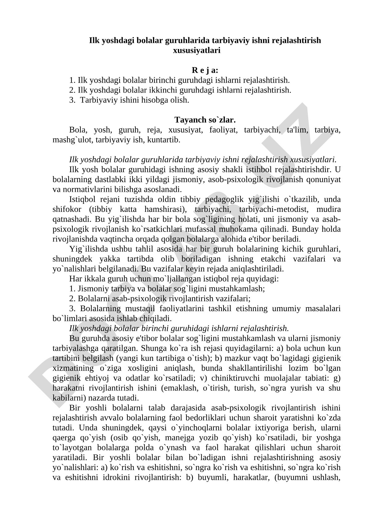 Ilk yoshdagi bolalar guruhlarida tarbiyaviy ishni rejalashtirish xususiyatlari