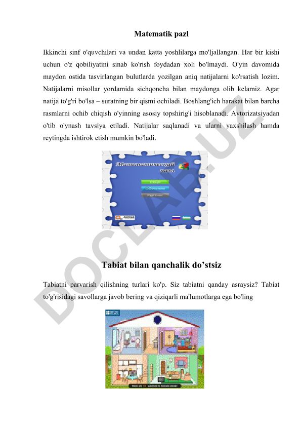 Matematik pazl va tabiat savollari o'yinlari