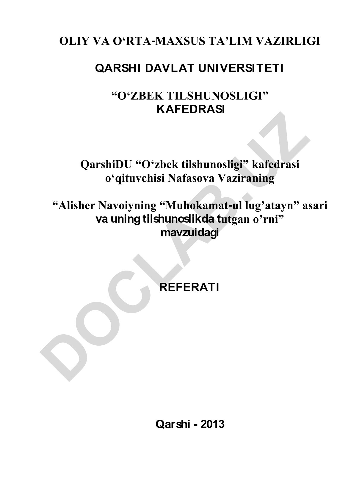 Alisher Navoiyning "Muhokamat-ul lug'atayn" asari va uning tilshunoslikda tutgan o'rni