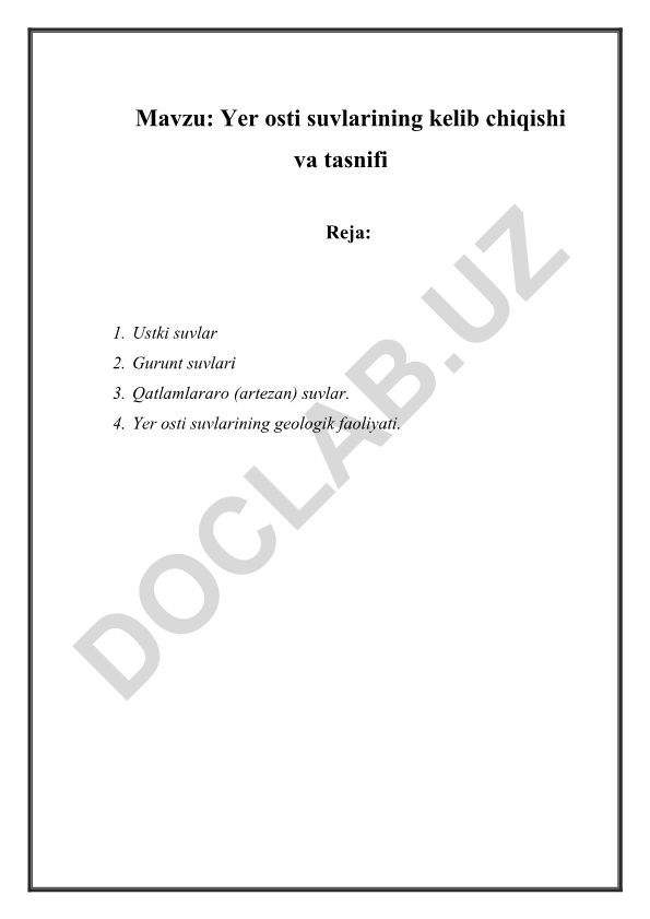 Yer osti suvlarining kelib chiqishi va tasnifi