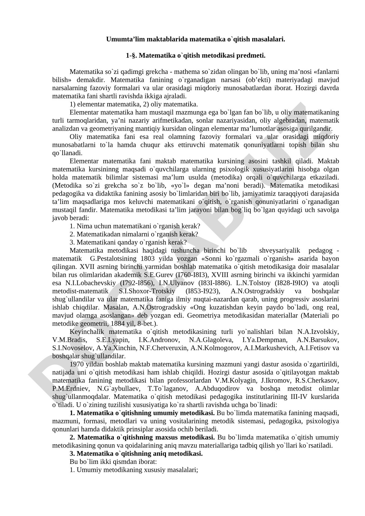 Umumta'lim maktablarida matematika o'qitish masalalari
