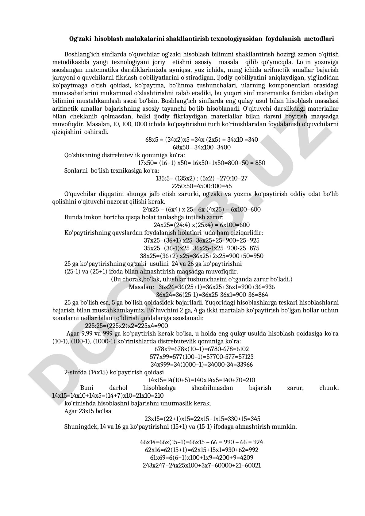 Og‘zaki hisoblash malakalarini shakllantirish texnologiyasidan foydalanish metodlari