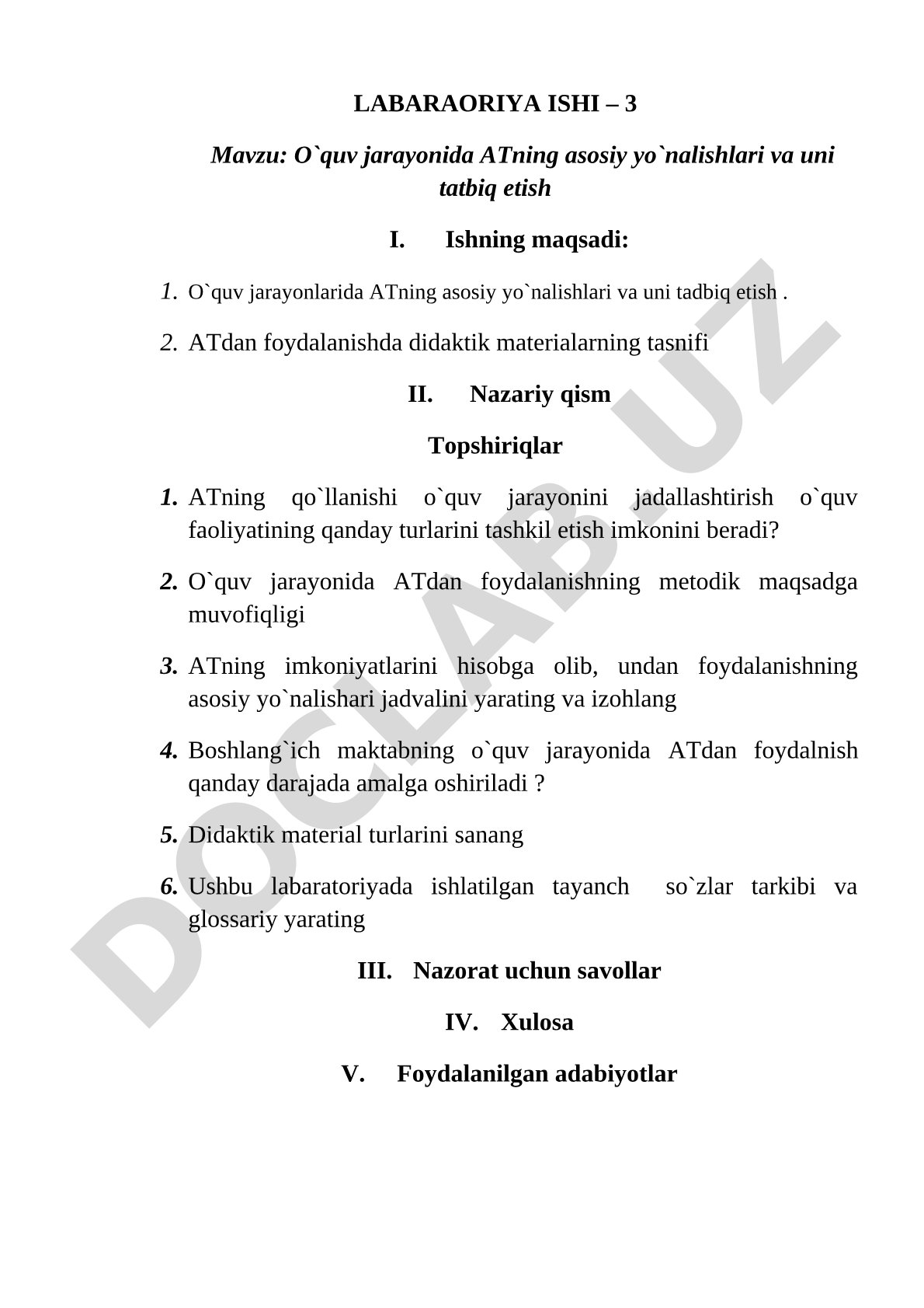 O'quv jarayonida ATning asosiy yo'nalishlari va uni tatbiq etish