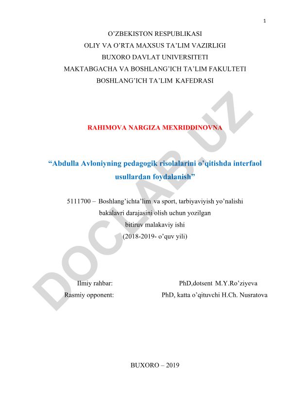 Abdulla Avloniyning pedagogik risolalarini o'qitishda interfaol usullardan foydalanish