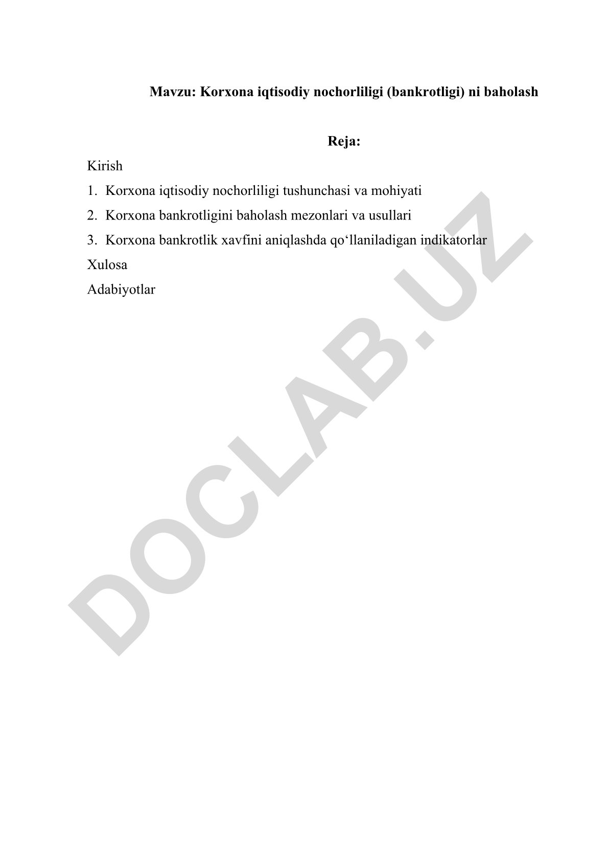 Korxona iqtisodiy nochorliligi (bankrotligi) ni baholash