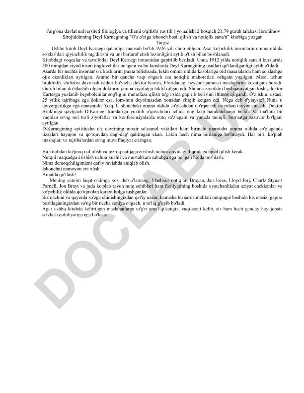 Deyl Karnegining "O'z o'ziga ishonch hosil qilish va notiqlik sana'ti" kitobiga taqriz