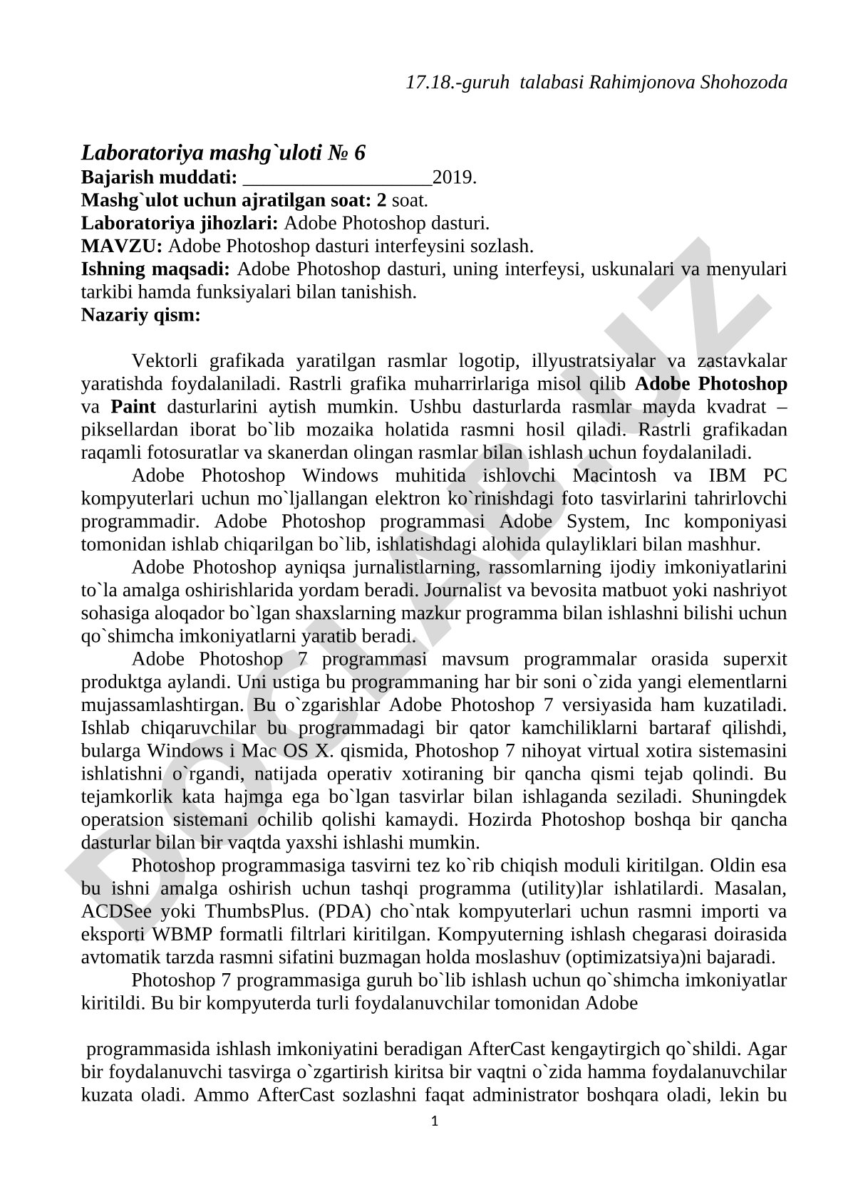 Adobe Photoshop dasturi interfeysini sozlash