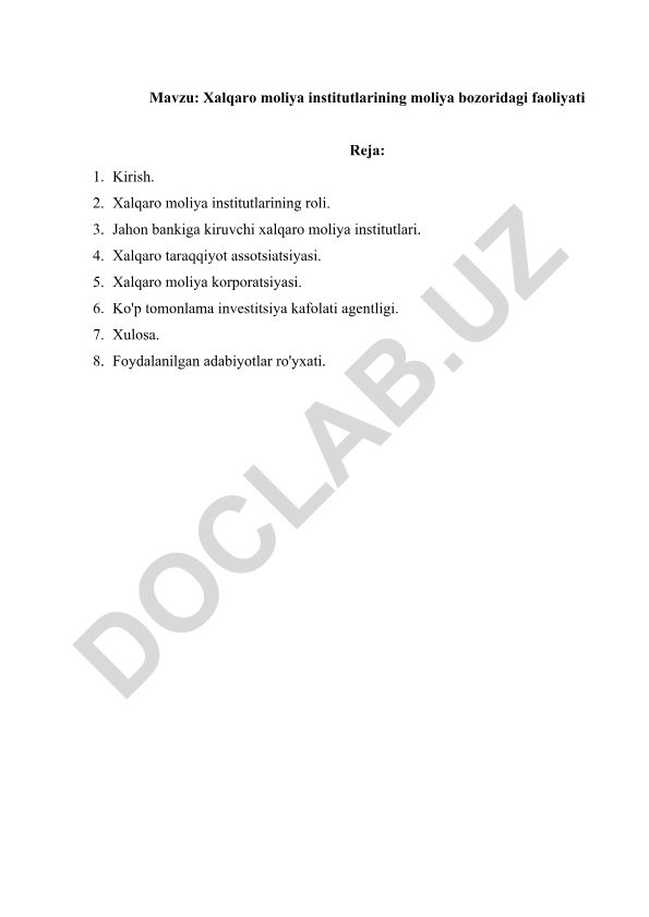 Xalqaro moliya institutlarining moliya bozoridagi faoliyati