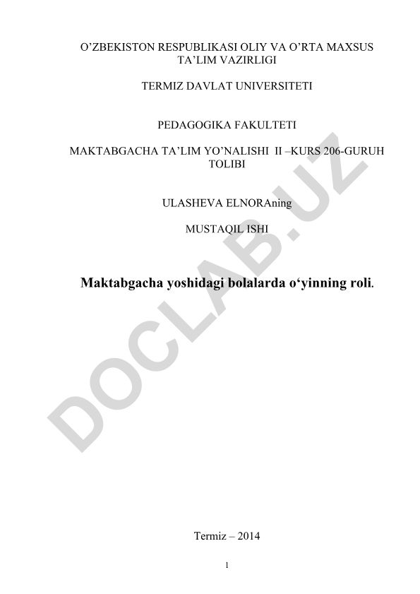 Maktabgacha yoshidagi bolalarda o‘yinning roli