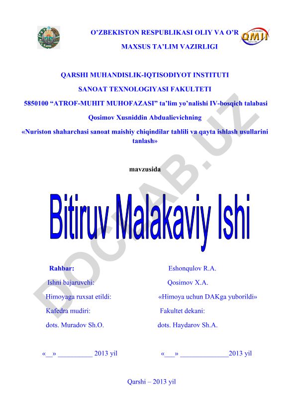 Nuriston shaharchasi sanoat maishiy chiqindilar tahlili va qayta ishlash usullarini tanlash