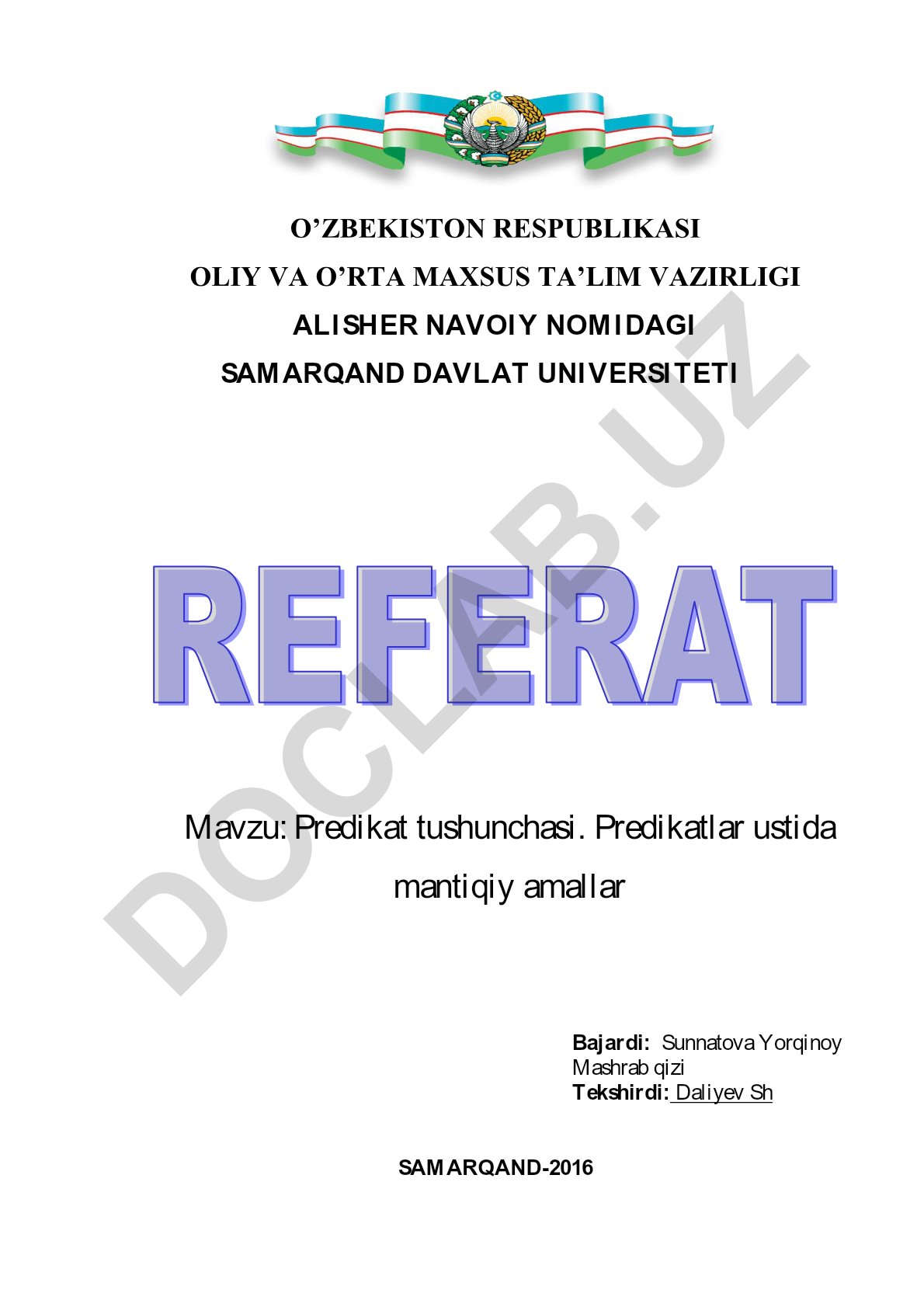 Predikat tushunchasi va predikatlar ustida mantiqiy amallar