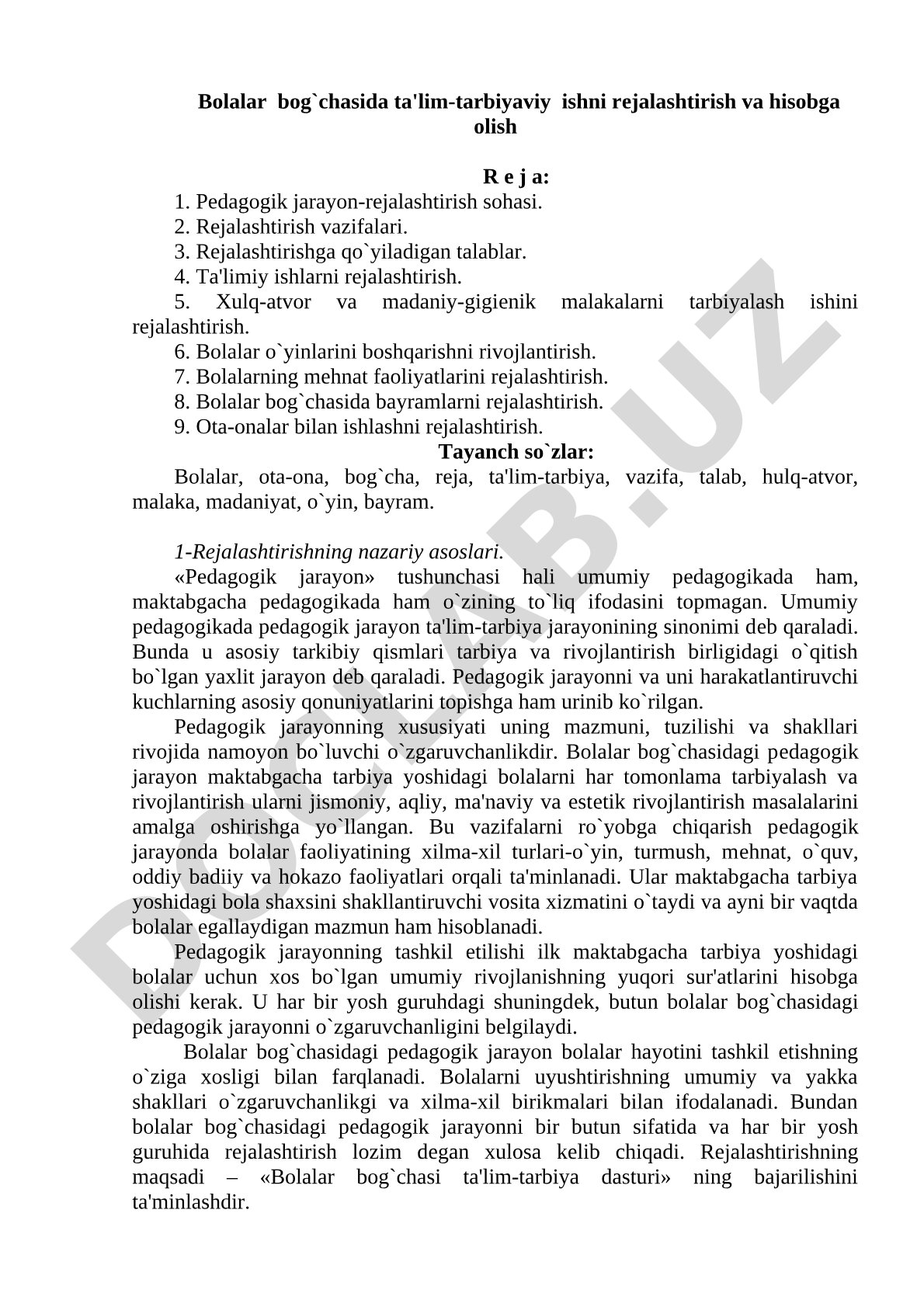 Bolalar bog'chasida ta'lim-tarbiyaviy ishni rejalashtirish va hisobga olish