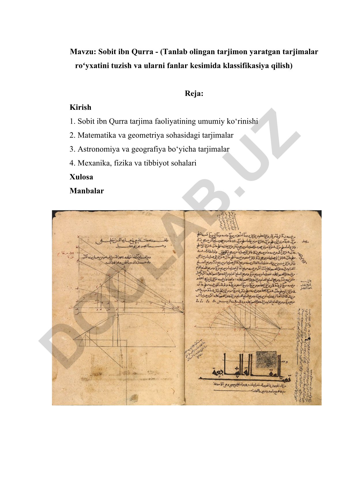 Sobit ibn Qurra - Tanlab olingan tarjimon yaratgan tarjimalar roʻyxatini tuzish va ularni fanlar kesimida klassifikasiya qilish