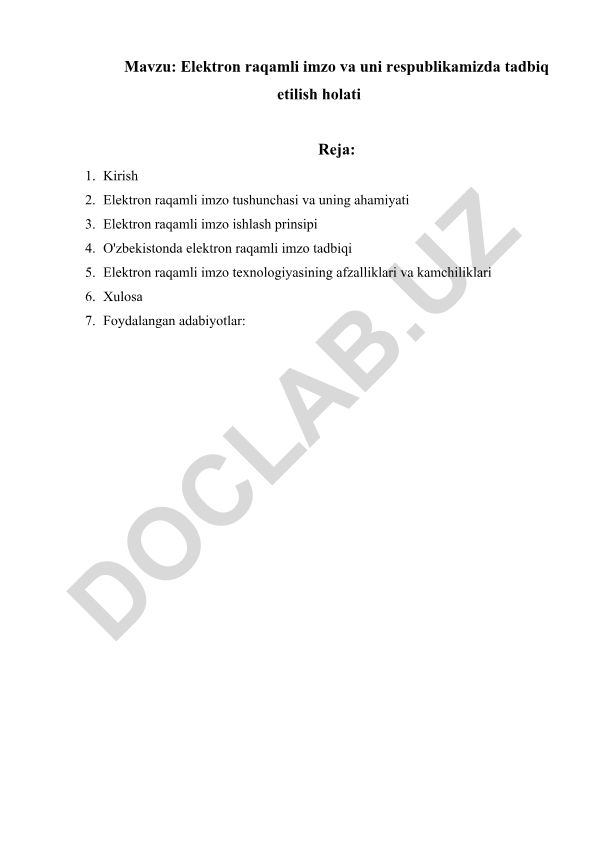 Elektron raqamli imzo va uni respublikamizda tadbiq etilish holati