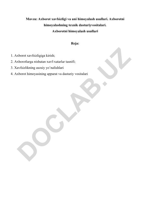 Axborot xavfsizligi va uni himoyalash usullari