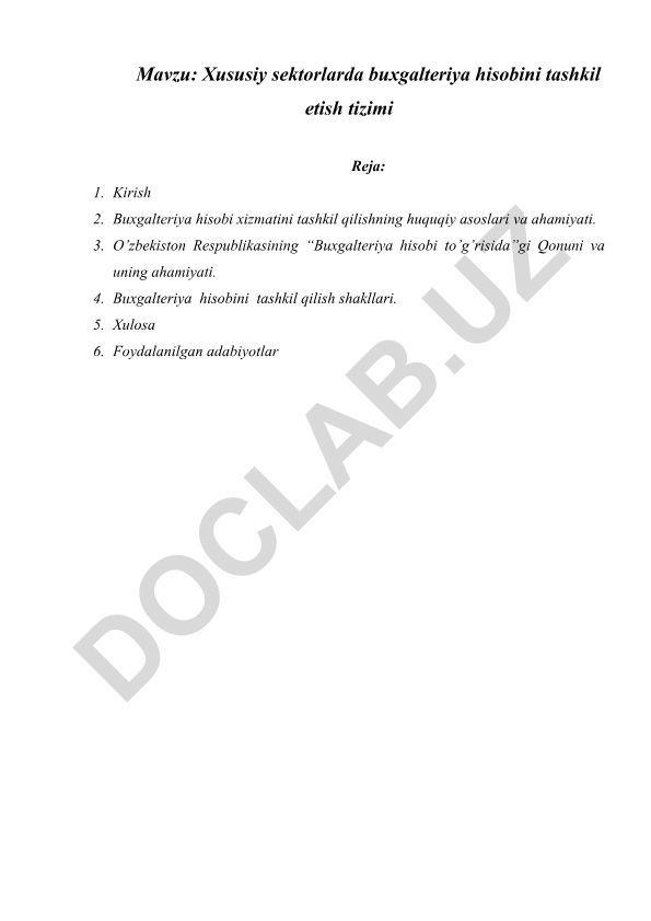 Xususiy sektorlarda buxgalteriya hisobini tashkil etish tizimi