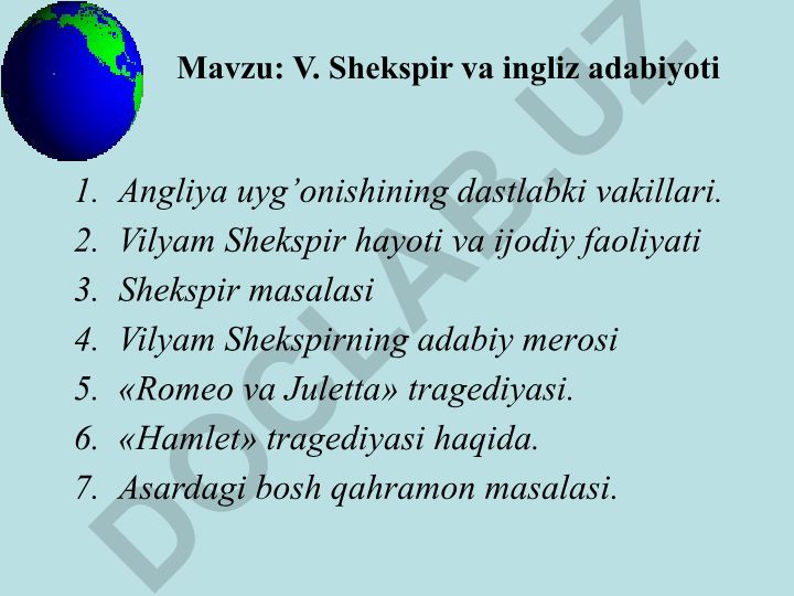 V. Shekspir va ingliz adabiyoti Angliya uyg'onishining dastlabki vakillari