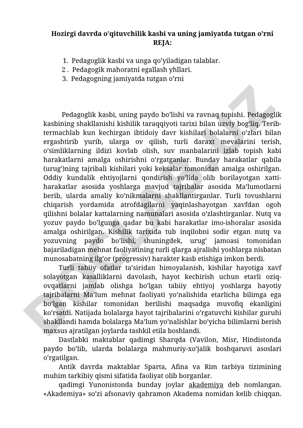 Hozirgi davrda o'qituvchilik kasbi va uning jamiyatda tutgan o'rni