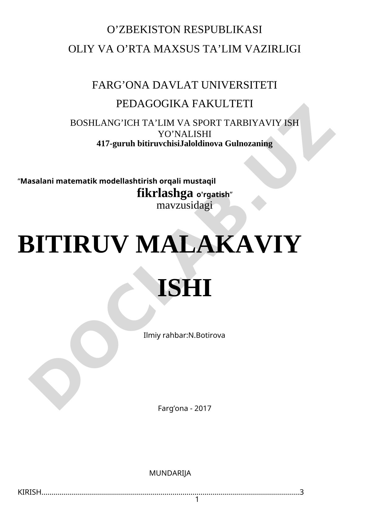 Masalani matematik modellashtirish orqali mustaqil fikrlashga o'rgatish