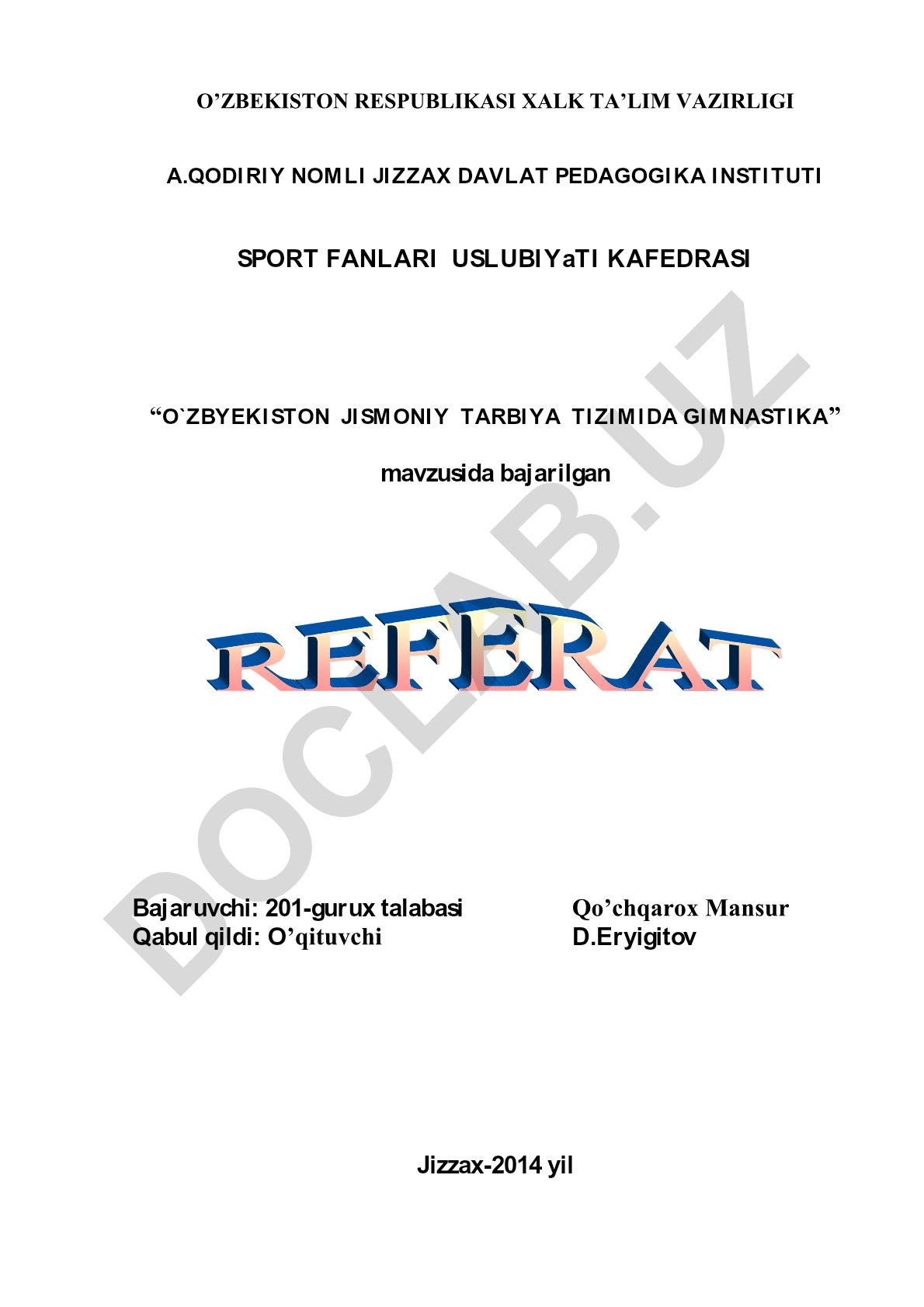 O'zbekiston jismoniy tarbiya tizimida gimnastika
