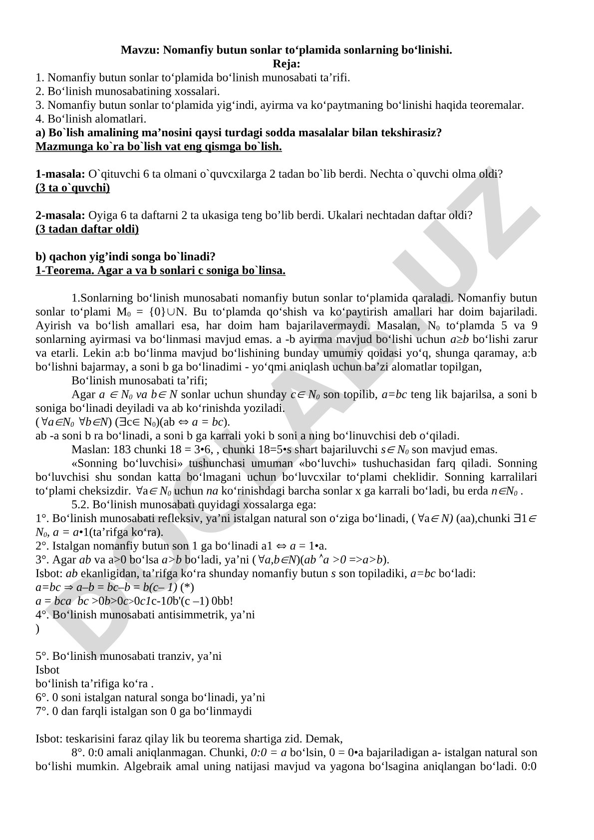 Nomanfiy butun sonlar to‘plamida sonlarning bo‘linishi