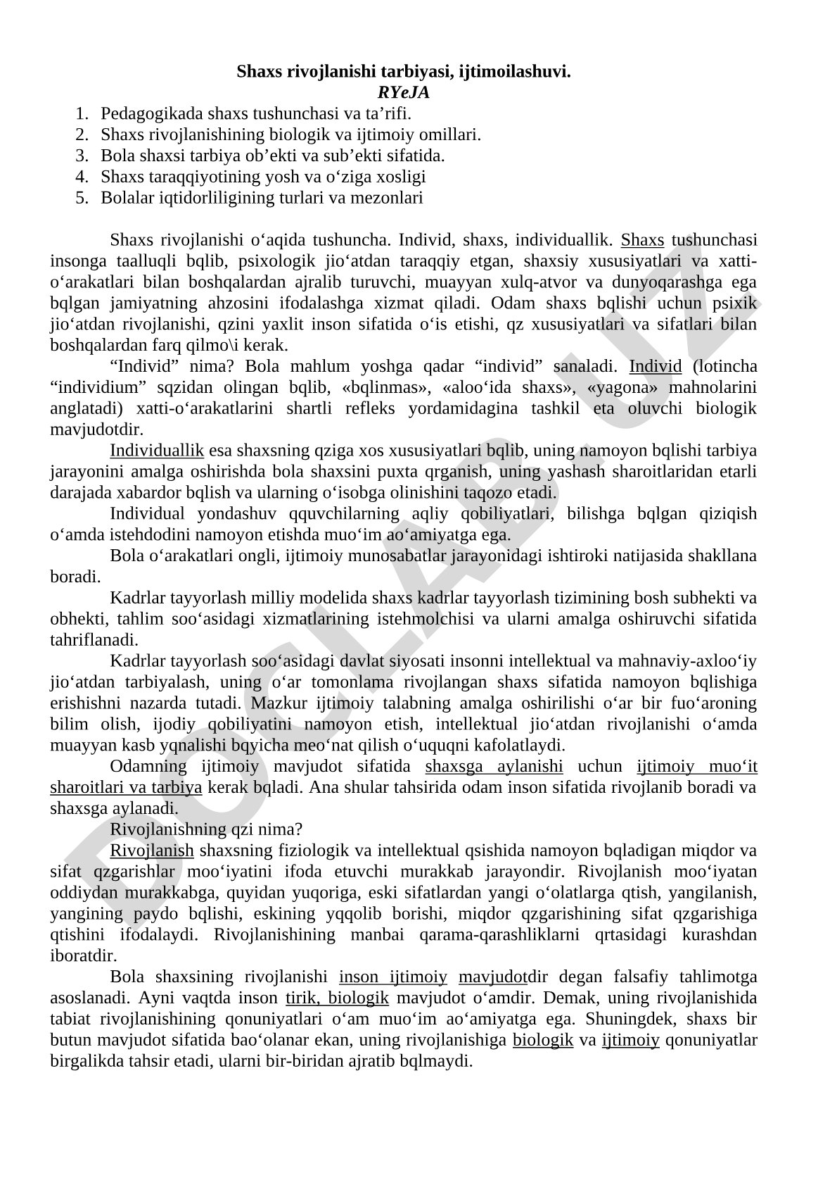 Shaxs rivojlanishi tarbiyasi va ijtimoiylashuvi