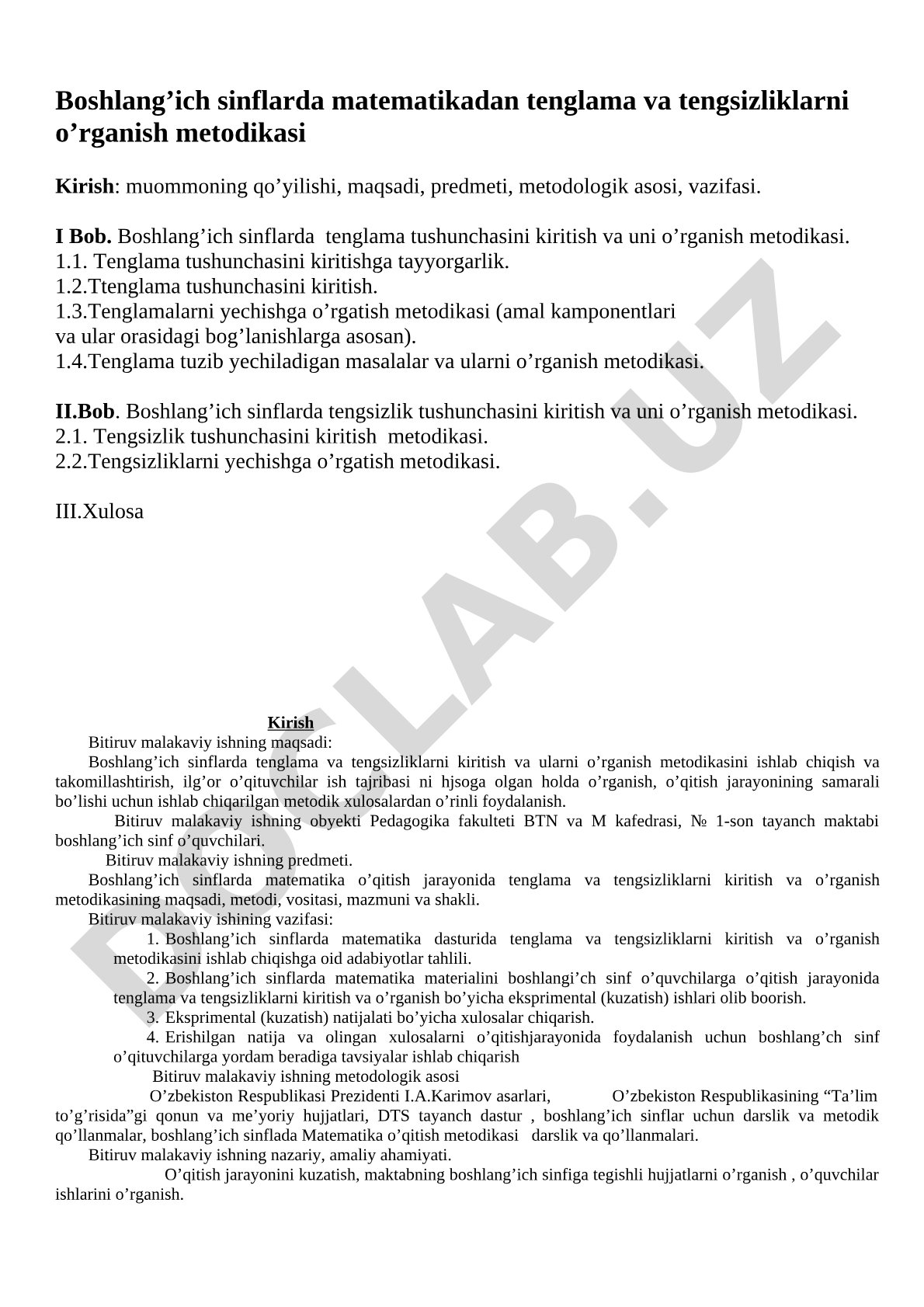 Boshlang'ich sinflarda matematikadan tenglama va tengsizliklarni o'rganish metodikasi