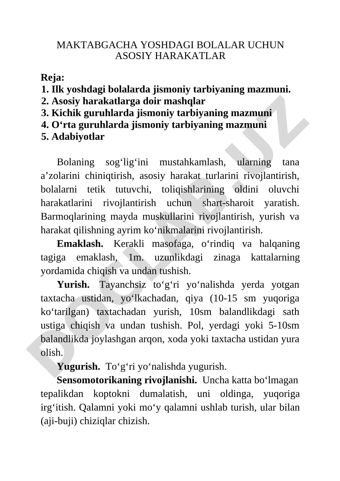 Maktabgacha yoshdagi bolalar uchun asosiy harakatlar