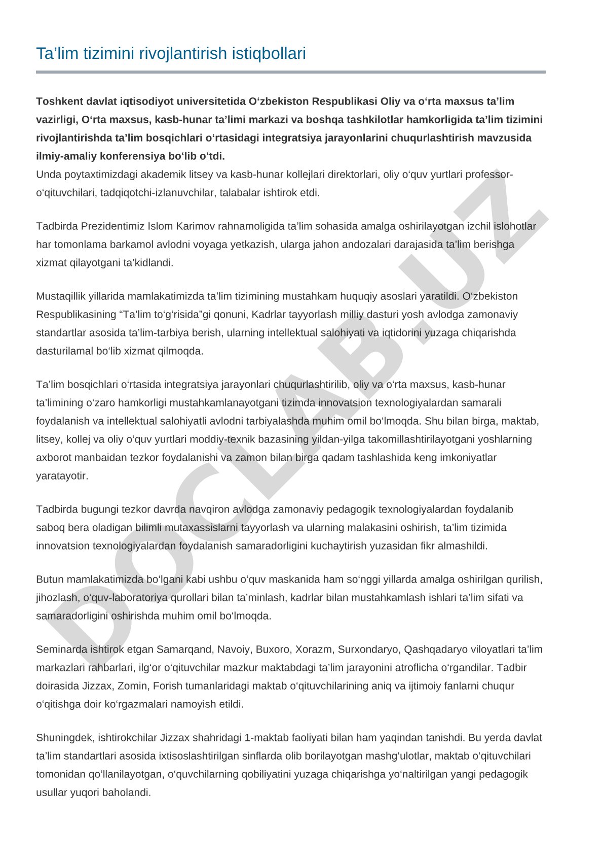 Ta'lim tizimini rivojlantirish istiqbollari