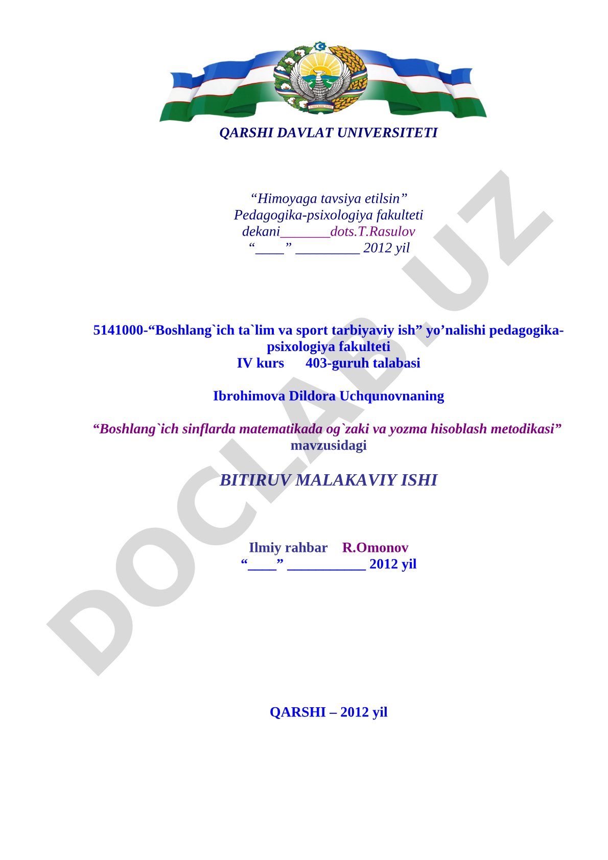 Boshlang`ich sinflarda matematikada og`zaki va yozma hisoblash metodikasi