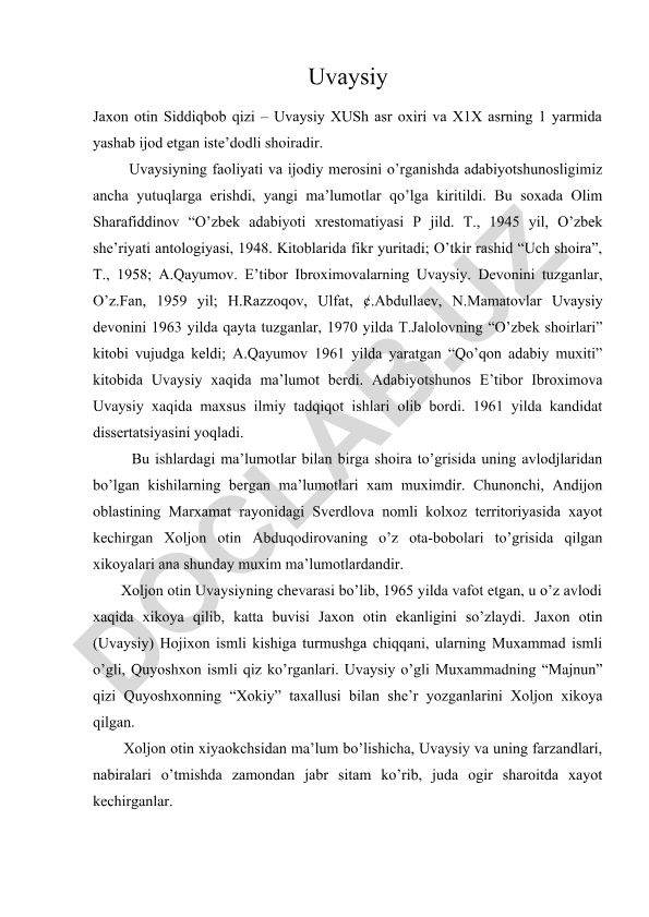 Uvaysiy Jaxon otin Siddiqbob qizi – Uvaysiyning faoliyati va ijodiy merosi