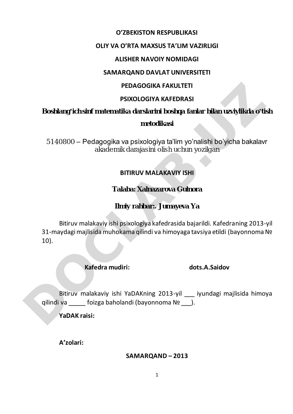 Boshlang'ich sinf matematika darslarini boshqa fanlar bilan uzviylikda o'tish metodikasi