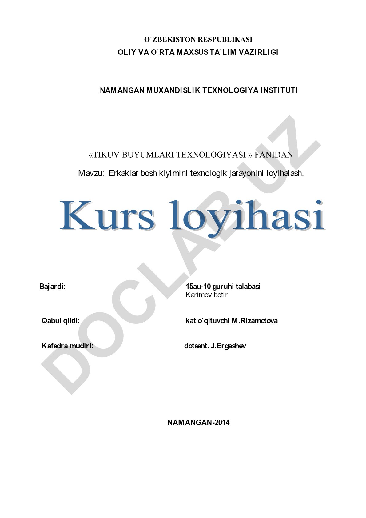 Erkaklar bosh kiyimini texnologik jarayonini loyihalash