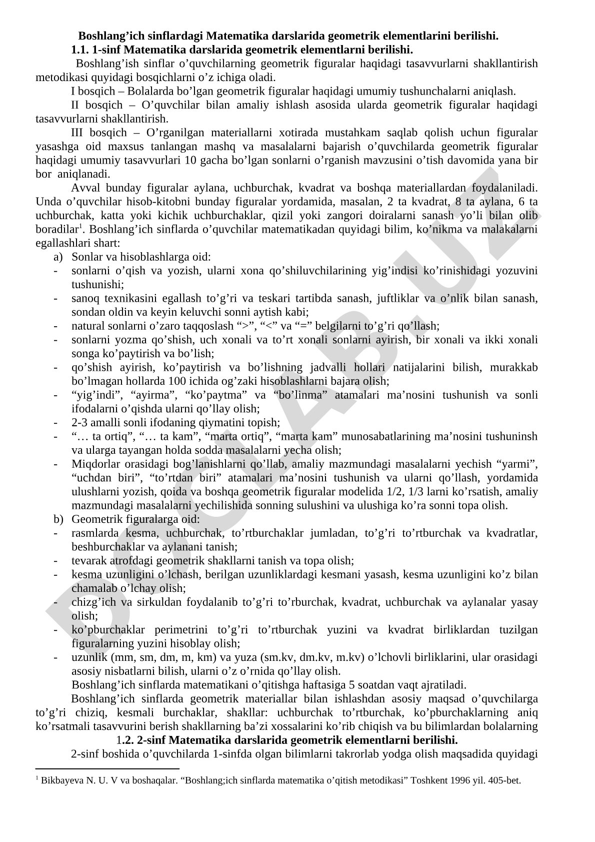 Boshlang'ich sinflardagi Matematika darslarida geometrik elementlarini berilishi