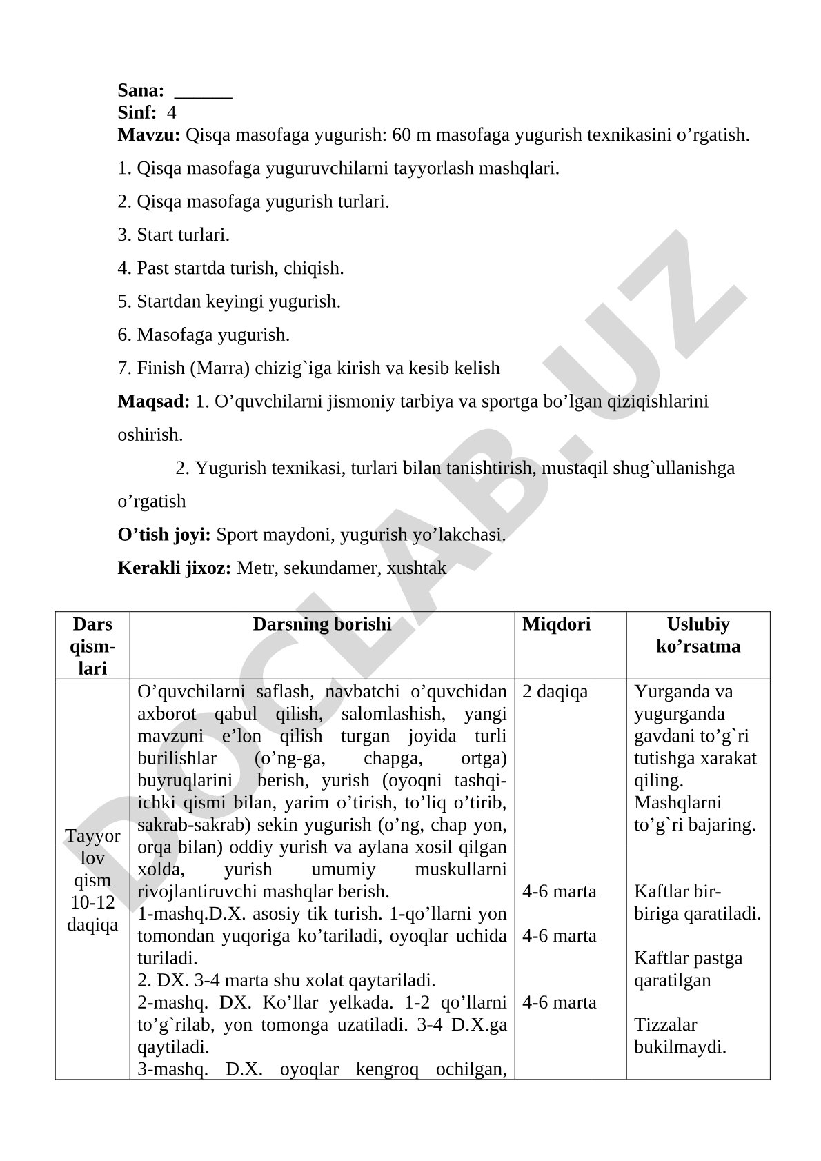 Qisqa masofaga yugurish: 60 m masofaga yugurish texnikasini o’rgatish