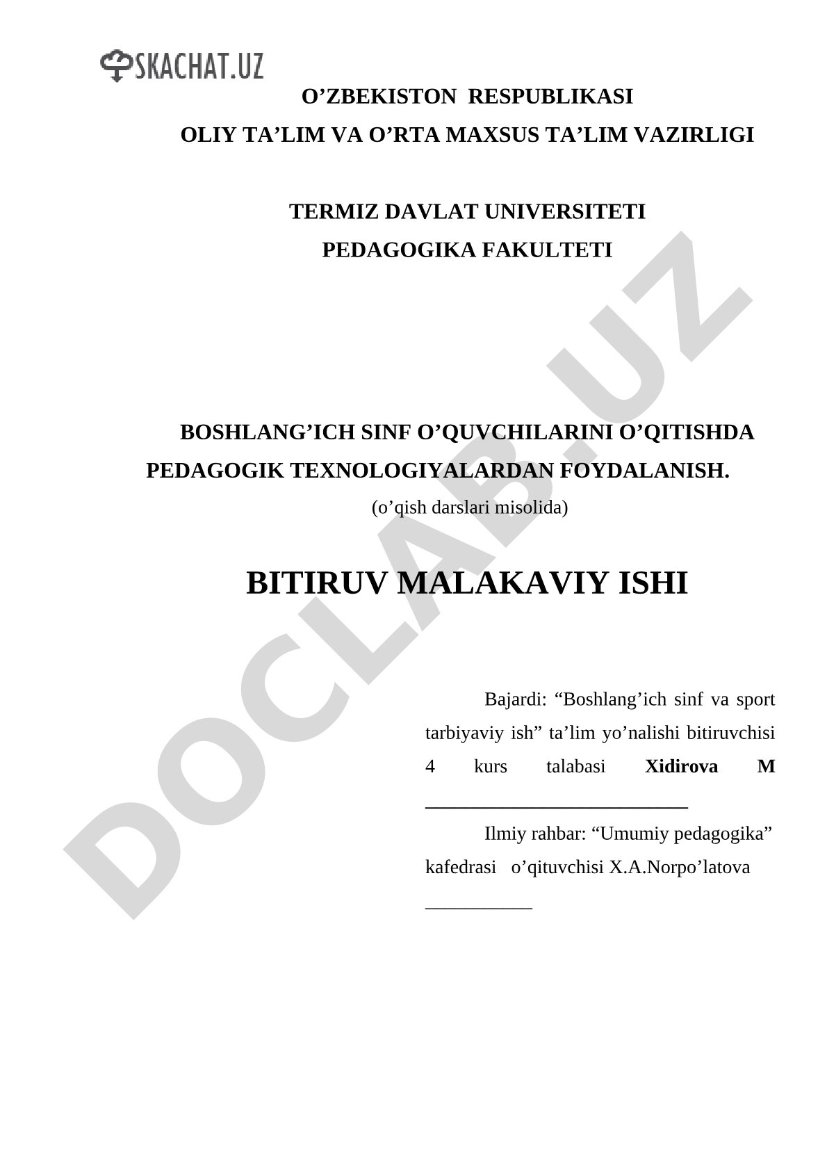 Boshlang'ich sinf o'quvchilarini o'qitishda pedagogik texnologiyalardan foydalanish (o'qish darslari misolida)