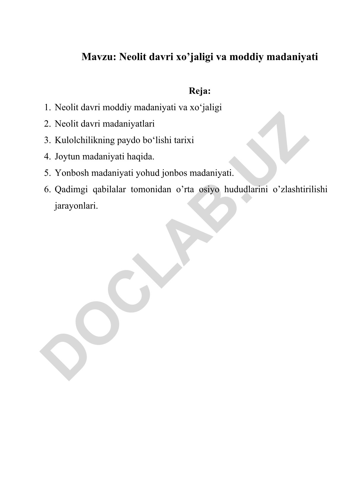Neolit davri xo’jaligi va moddiy madaniyati