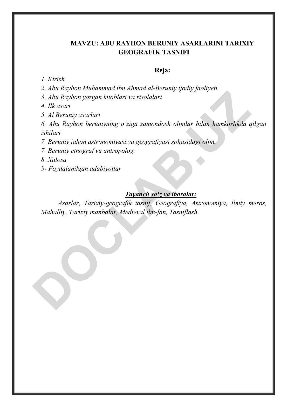 Abu Rayhon Beruniy asarlarining tarixiy geografik tasnifi