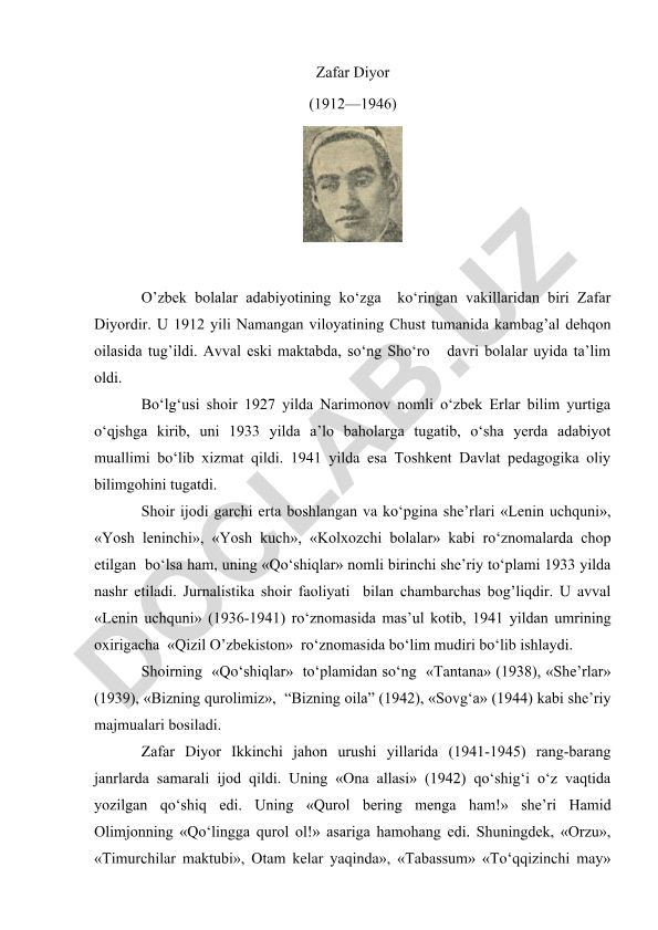 Zafar Diyor hayoti va ijodi