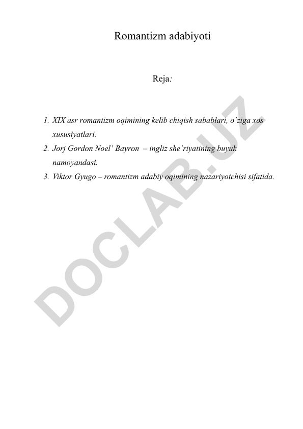 XIX asr romantizm adabiyoti va uning namoyandalari