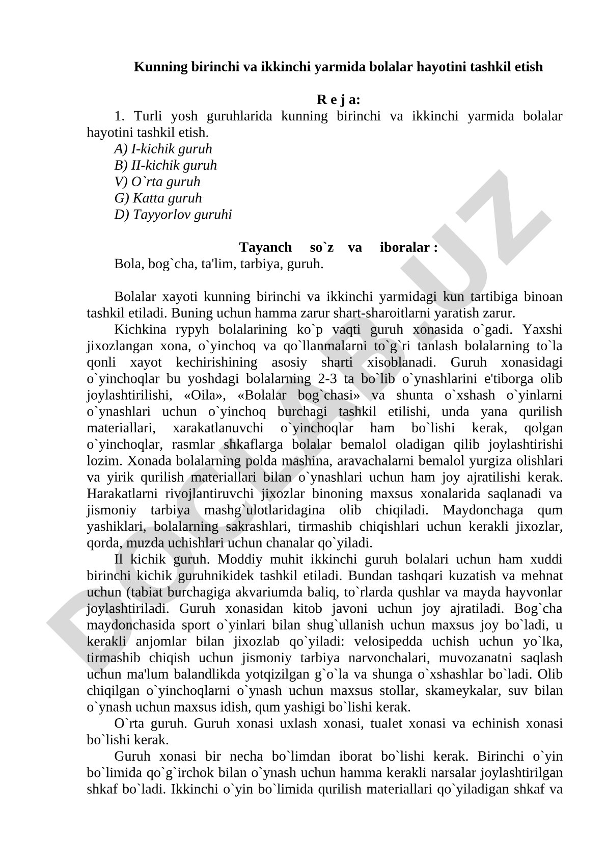 Kunning birinchi va ikkinchi yarmida bolalar hayotini tashkil etish