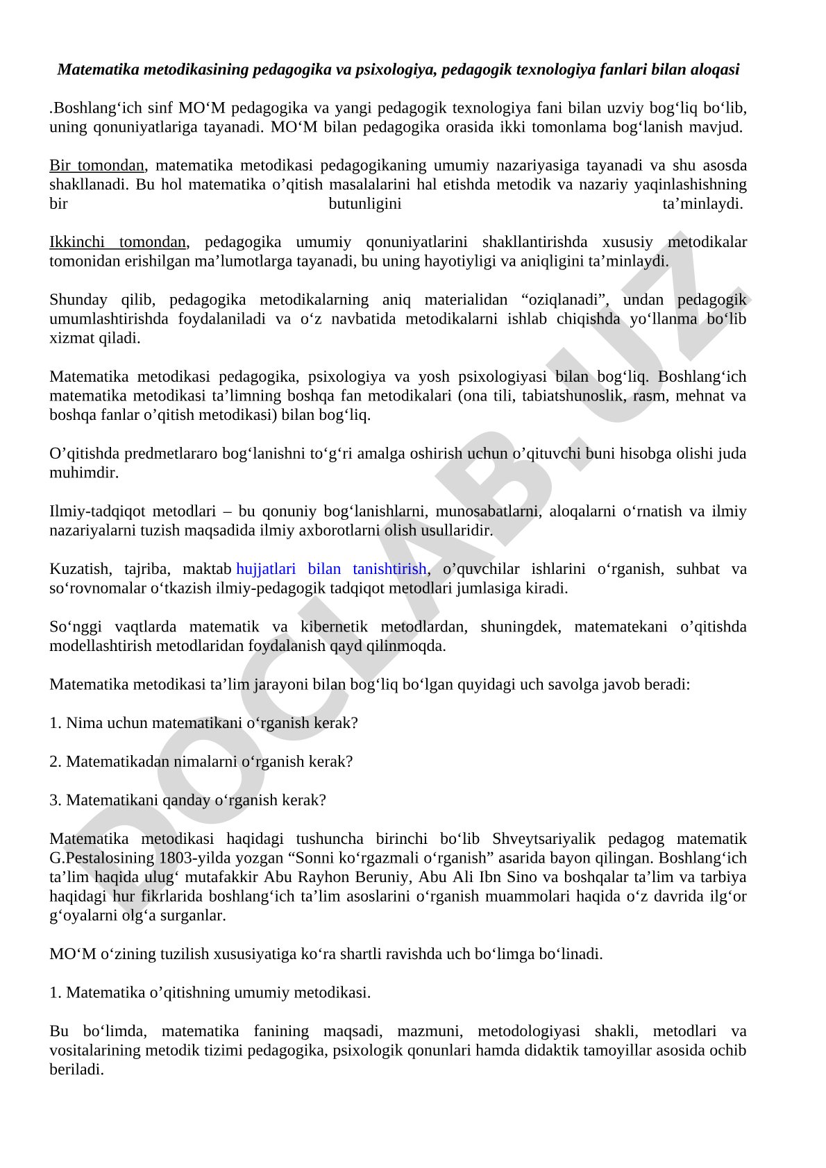 Matematika metodikasining pedagogika va psixologiya fanlari bilan aloqasi